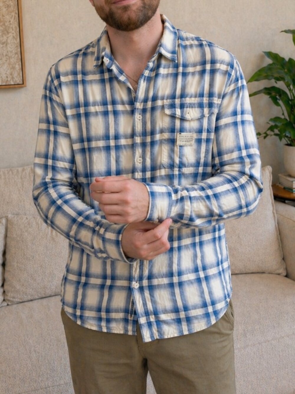 Scotch & Soda Blue Plaid Button Up Shirt Slim Size M
